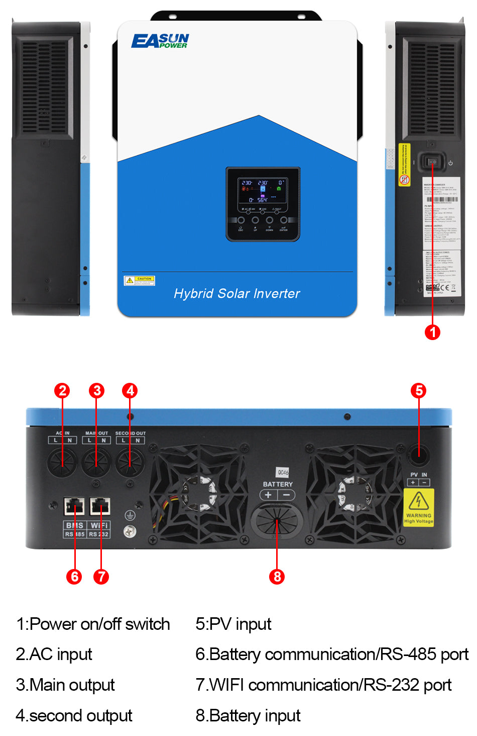 EASUN Inversor Solar 6,2KW 48V Fotovoltaico Híbrido 230VAC Cargador MPPT 120A