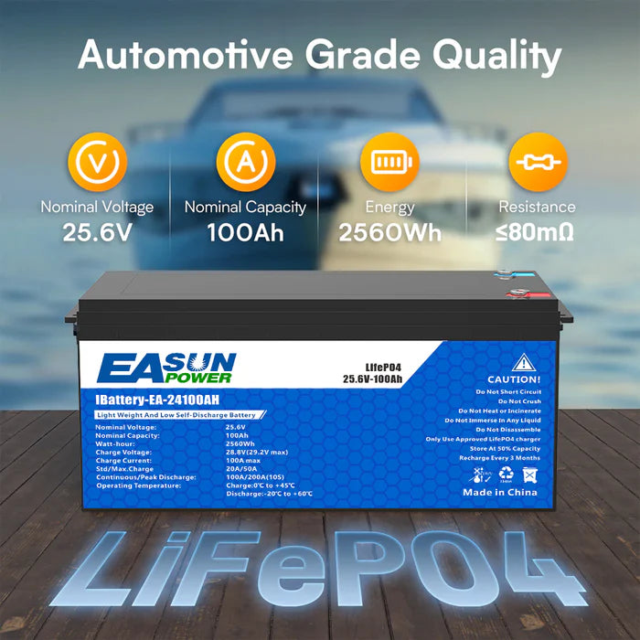 Batería LiFePO4 24V 100Ah Easun, BMS 100A, Grado A, sin impuestos
