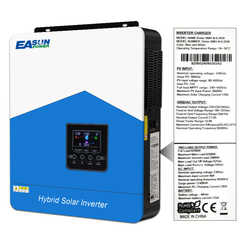 EASUN Inversor Solar 6,2KW 48V Fotovoltaico Híbrido 230VAC Cargador MPPT 120A