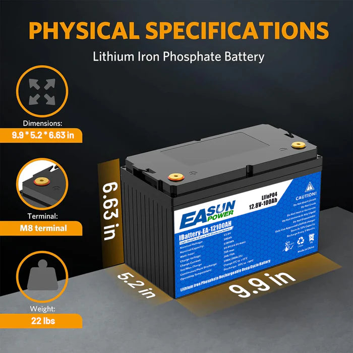 Batería LiFePO4 12V 100Ah Easun Power, Grado A, 6000 Ciclos, Envío sin impuestos