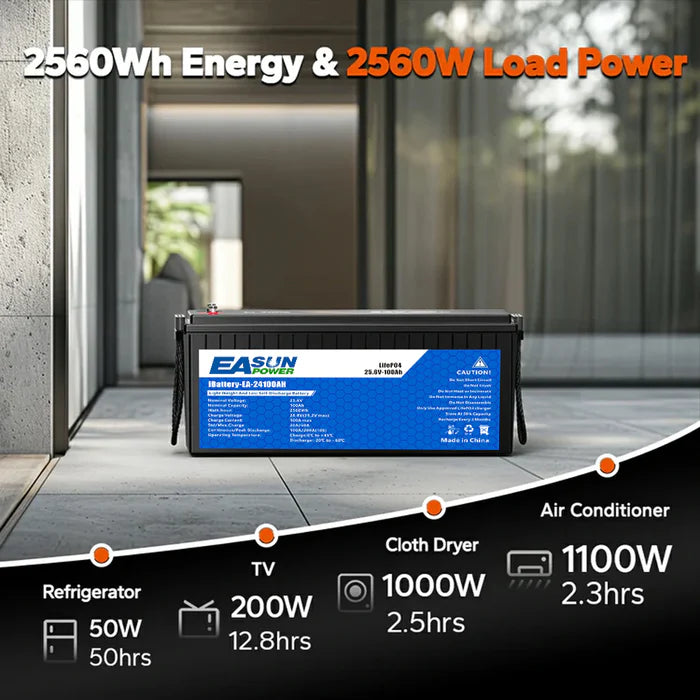 Batería LiFePO4 24V 100Ah Easun, BMS 100A, Grado A, sin impuestos